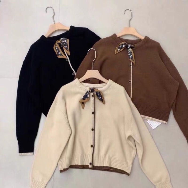 Áo len cổ tròn có cúc cài, khăn buộc cổ thắt nơ, tay dài, áo sweater cổ tròn [ ảnh thật shop ở cuối]