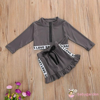 Set Áo Croptop Tay Dài Hoạ Tiết Chữ Love + Chân Váy Lưng Thun Co Giãn Cho Bé Gái