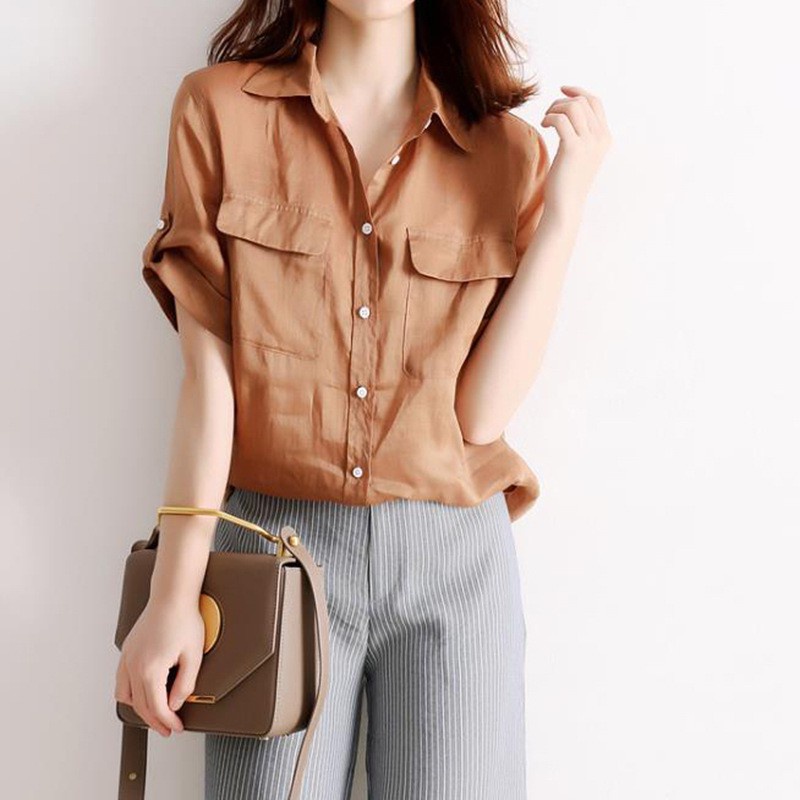 Shirt Japanese style mild luxury women's clothing 2021 summer new linen solid color single-breasted lapel shirt overalls