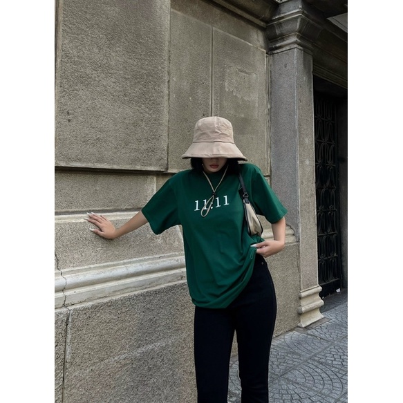Áo Thun 11:11 Màu Xanh lá và Đen chất liệu 100% Thun Cotton form rộng unisex nam nữ LOLA