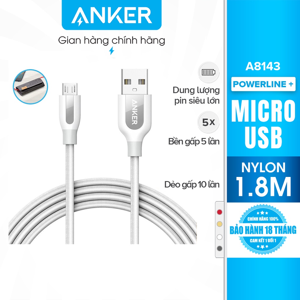 [Có bao da] Cáp sạc ANKER PowerLine+ Micro USB dài 1.8m - A8143