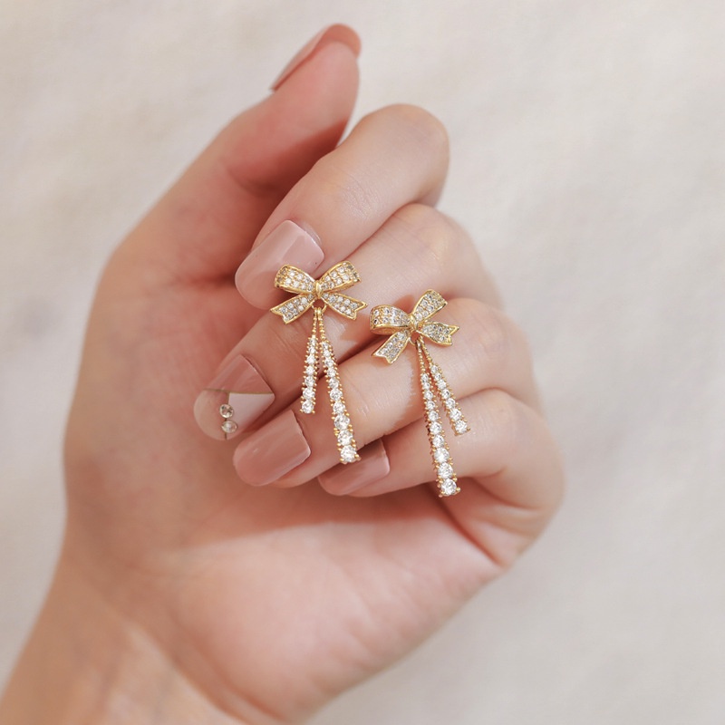 Bông Tai Mạ Bạc 925 Hình Nơ Tua Rua Đính Đá Thời Trang Hàn Quốc Cho Nữ