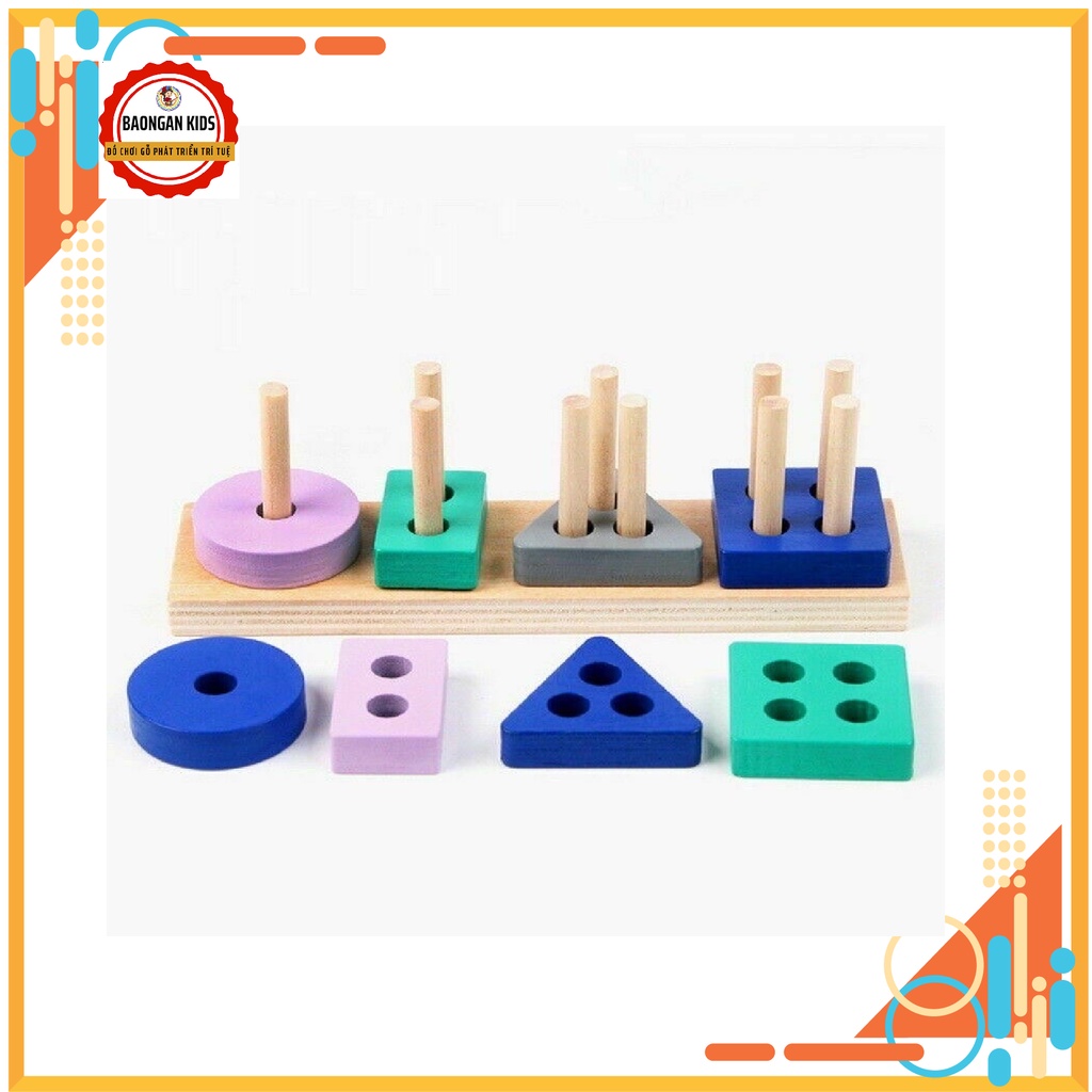 Đồ chơi thông minh Montessori giúp trẻ phân biệt hình khối màu sắc, Bộ thả hình 4 khối cơ bản