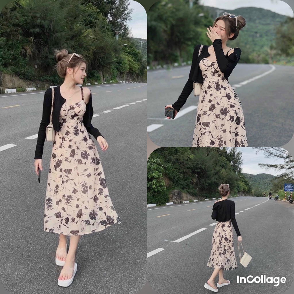 Đầm váy nữ dáng xòe dài họa tiết kèm áo khoắc dễ thương tôn dáng trẻ trung sang trọng thanh lịch siêu xinh