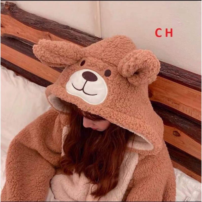 Bộ lông gấu màu nâu, Bộ ngủ liền thân hình thêu siêu Đẹp ,bộ ngủ lông gấu giữ nhiệt tốt XƯỞNG MAY TC2