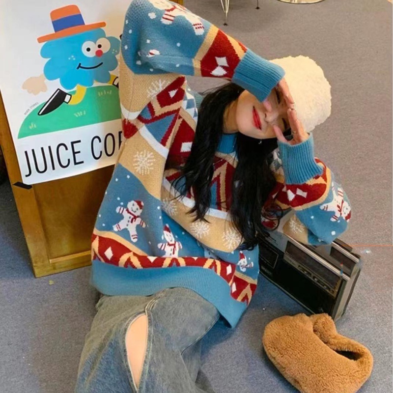IELGY Áo Sweater Nữ Cổ Tròn Dài Tay In Hình Người Tuyết Giáng Sinh