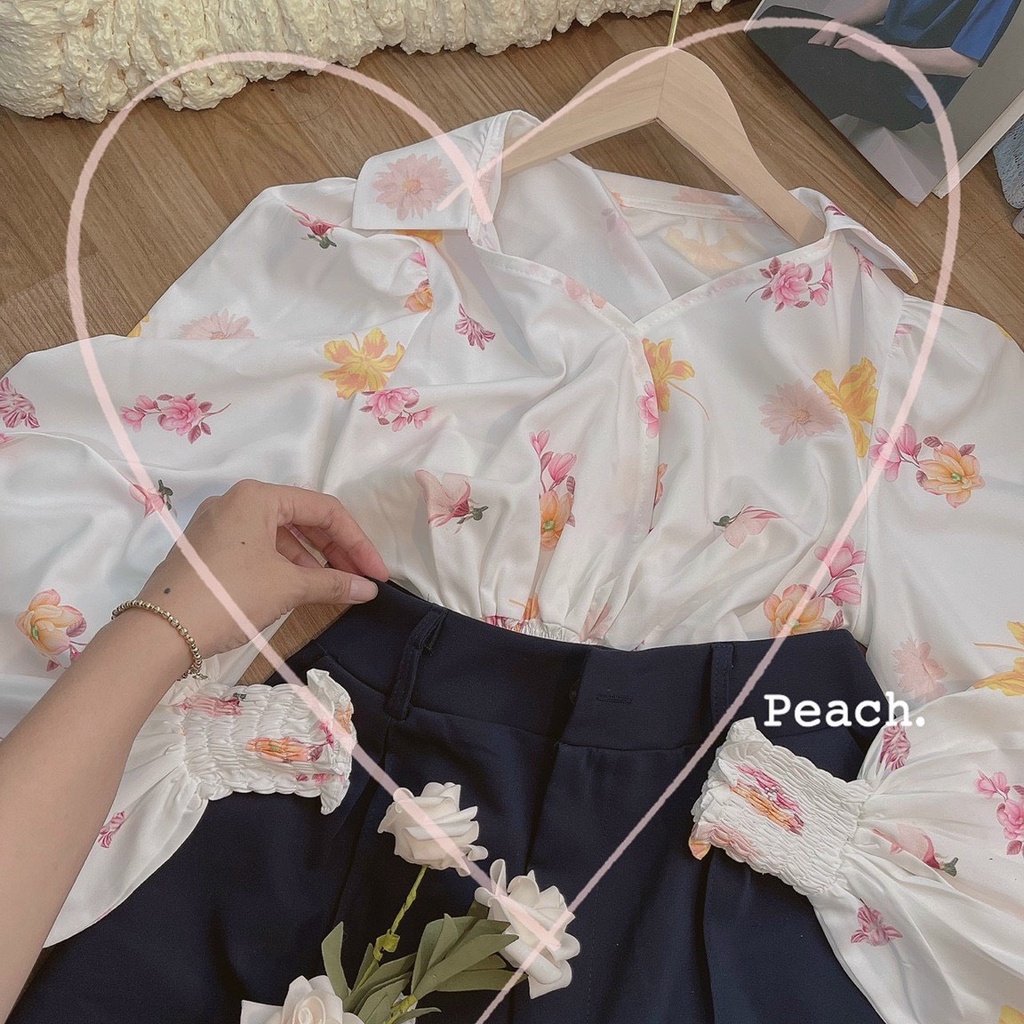 SET ÁO HOA TAY BỒNG BO CHUN CỔ V + QUẦN SHORT XANH NAVY