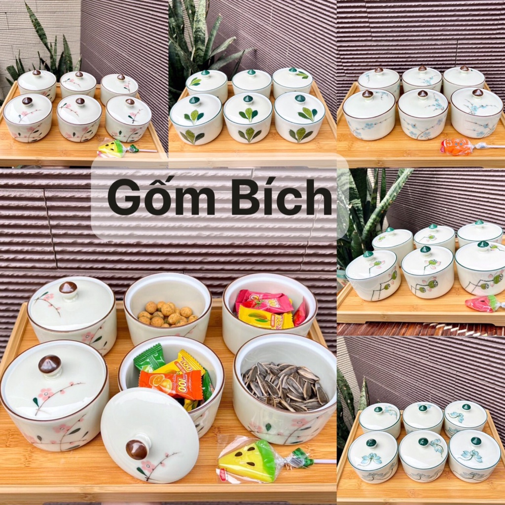 Bộ Hũ Sứ Đựng Kẹo Mứt Tết Khay Vuông Men Kem Vẽ Hoa Gốm Sứ Bát Tràng - Gốm Bích