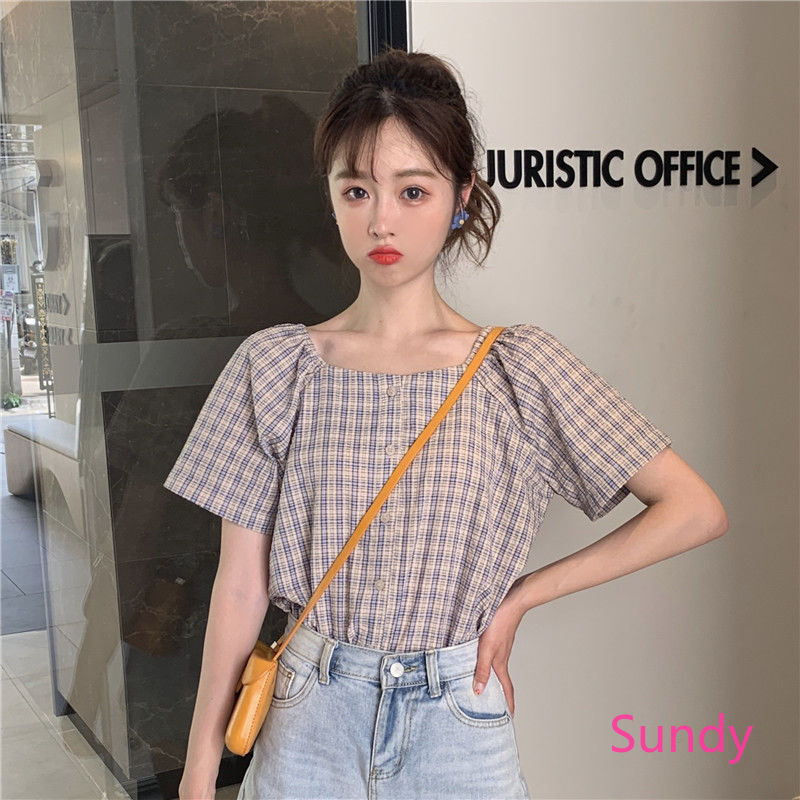Áo Sơ Mi Ngắn Tay Họa Tiết Caro Xinh Xắn Theo Phong Cách Hàn Quốc Dành Cho Nữ