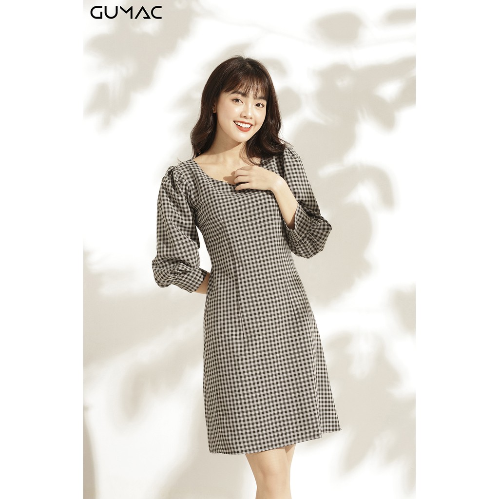 Đầm caro tay phồng GUMAC MS10995_DEN