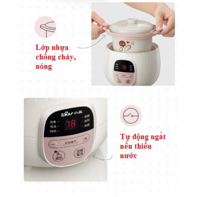 [Chính Hãng ] Nồi Nấu Cháo Đa Năng BEAR 0.8L  4 In 1 Ninh Hầm Hấp Cách Thuỷ