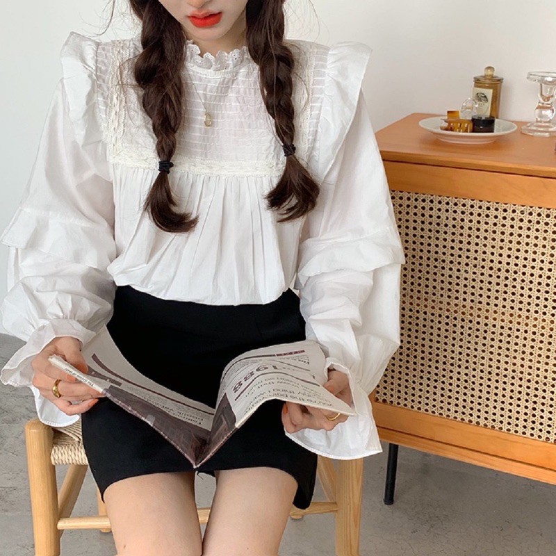 [Ảnh thật/Video]Áo babydoll trắng cánh tiên Ulzzang thiết kế độc lạ Áo sơ mi trắng tay bèo