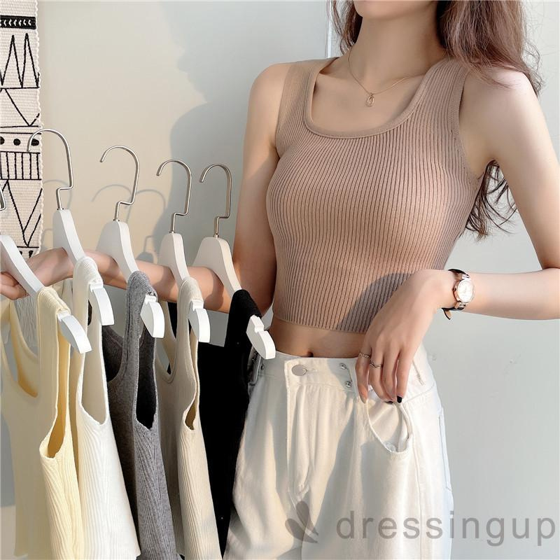 Áo croptop dệt kim không tay màu sắc tùy chọn đơn giản cho nữ