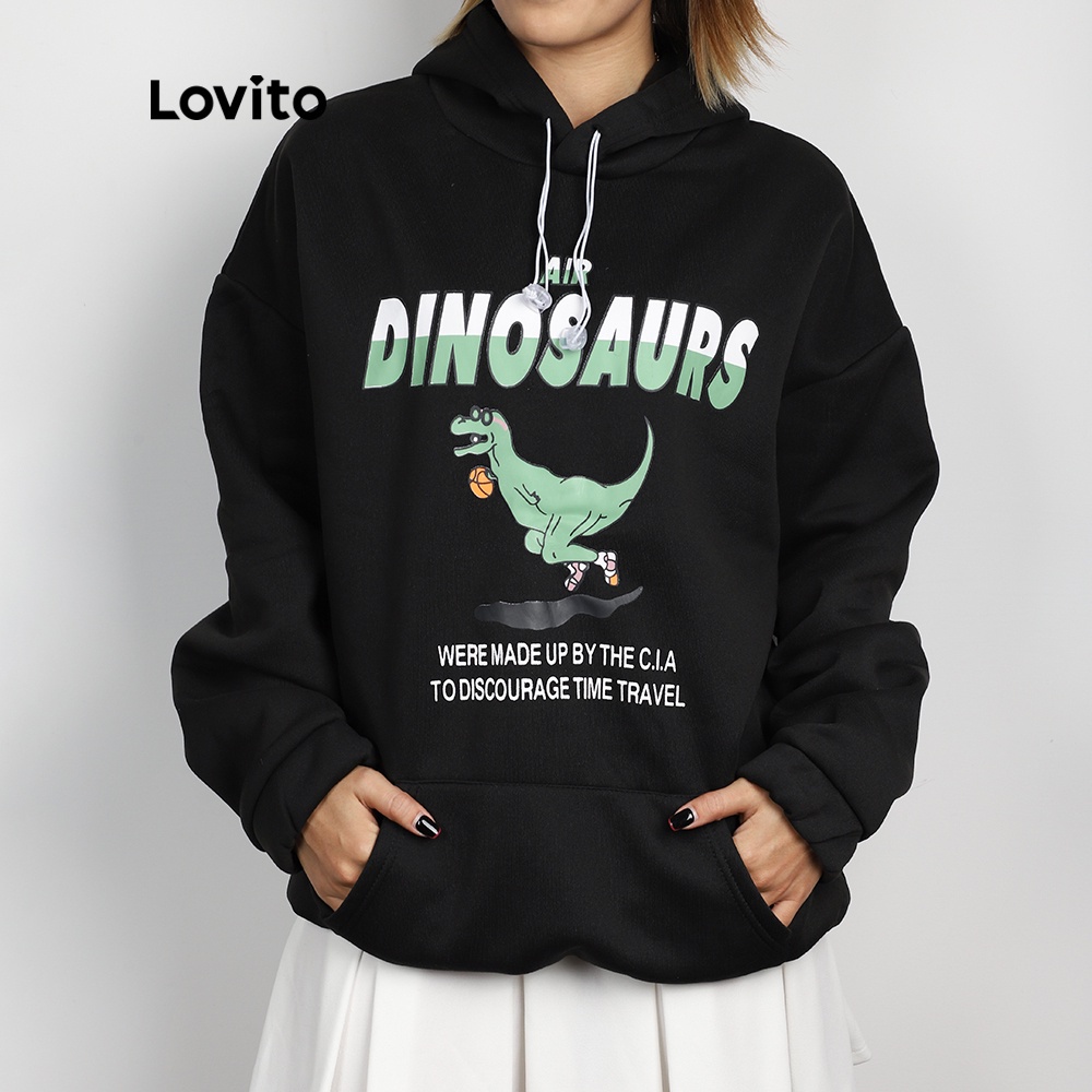 Áo khoác nỉ mũ trùm đầu hình khủng long Lovito L07998 (màu đen)