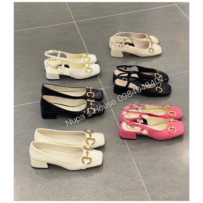 Giày khuy vàng kem, đen, hồng hở gót 3cm