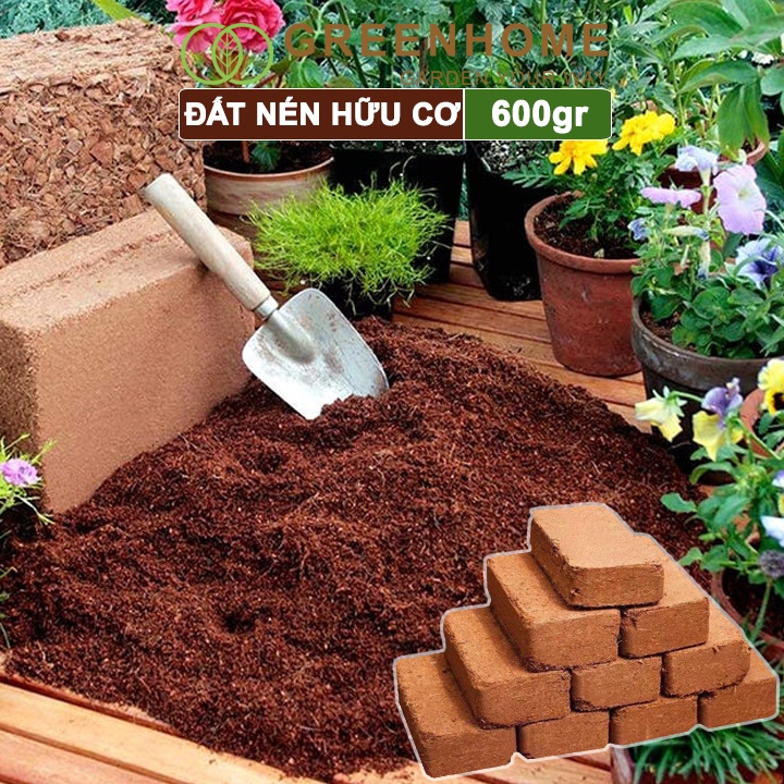Đất nén hữu cơ, 600gr Greenhome, mụn sơ dừa bánh lớn đã qua xử lý, nở gấp 5 lần, trồng rau, trộn giá thể trồng cây