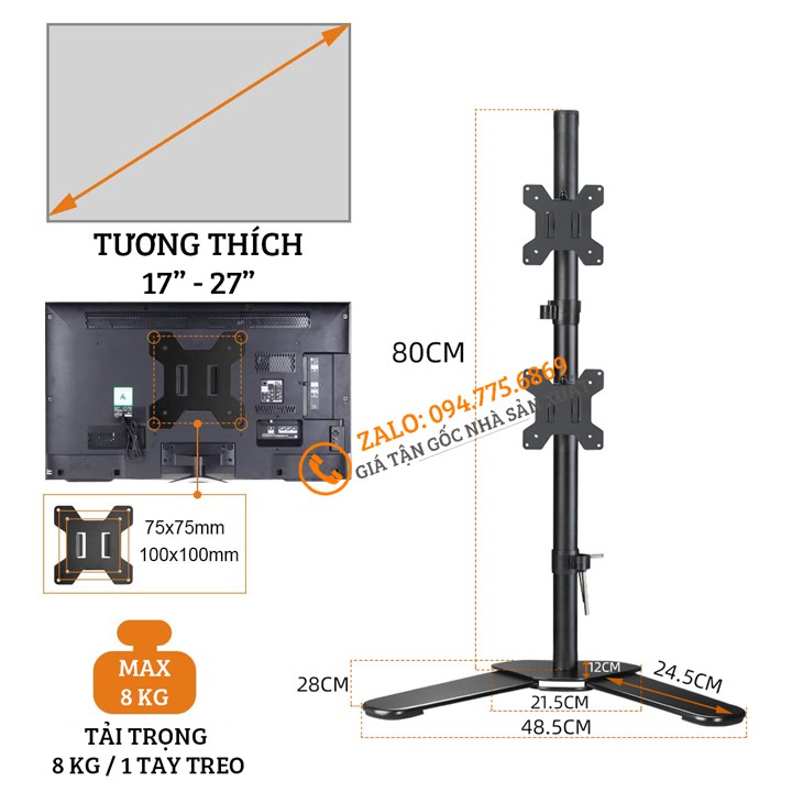 [ Màn Trên / Dưới ] Giá Treo Hai Màn Hình Để Bàn M073 - Tay Treo 2 Màn Hình Máy Tính 17-27 Inch - Xoay Màn 360