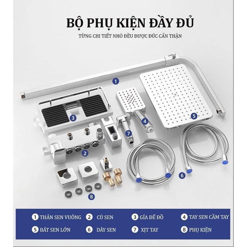 Bộ sen cây tắm đứng nóng lạnh, Vòi hoa sen, Bộ sen vòi tắm đứng Đồng mạ Crôm 4 phím bấm Màu Trắng - Hàng Liên Doanh