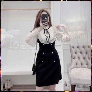 Váy Đen Phối Tay Tơ Bèo Đính Nơ, Đầm Thiết Kế Cổ Bèo Siêu Xinh Có Ảnh Thật Kèm Video - Mặc là xinh