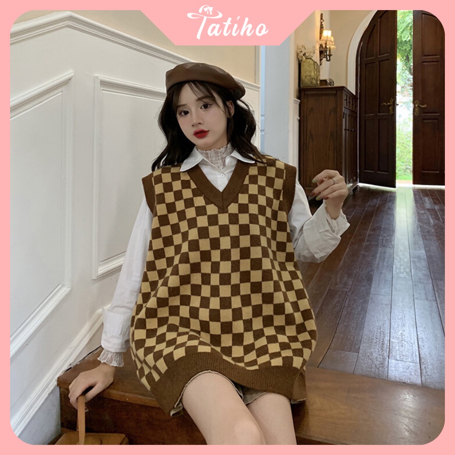 Áo Gile Len Trơn ( Áo Không Tay) Thời Trang Vintage Họa Tiết Caro Hottrend Thời Trang Thu Đông - Tatiho - Mã AK015