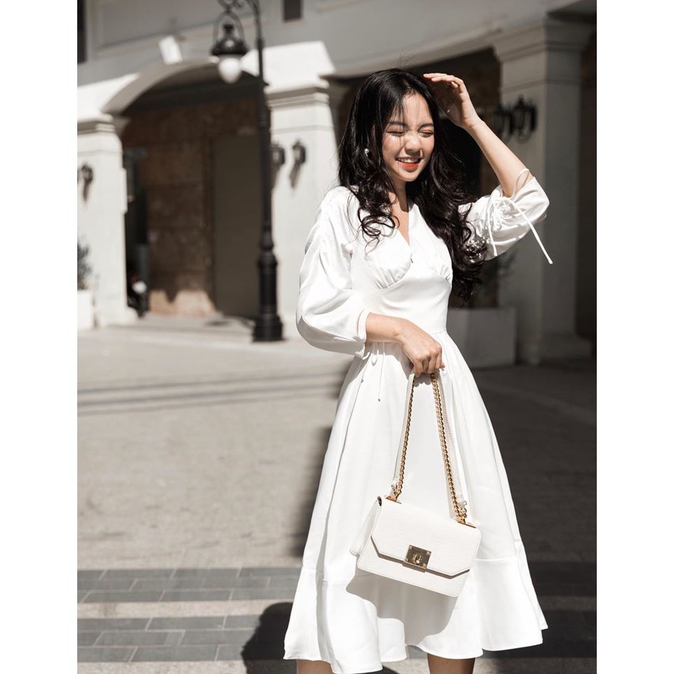 Đầm trắng tinh khôi cổ V tay bồng xinh xắn [KÈM ẢNH THẬT]