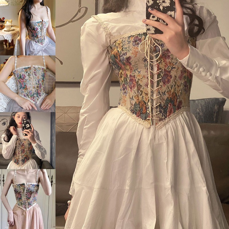 Áo nịt ngực hai dây dáng ngắn ôm sát in họa tiết hoa quyến rũ phong cách cổ điển thanh lịch dành cho nữ