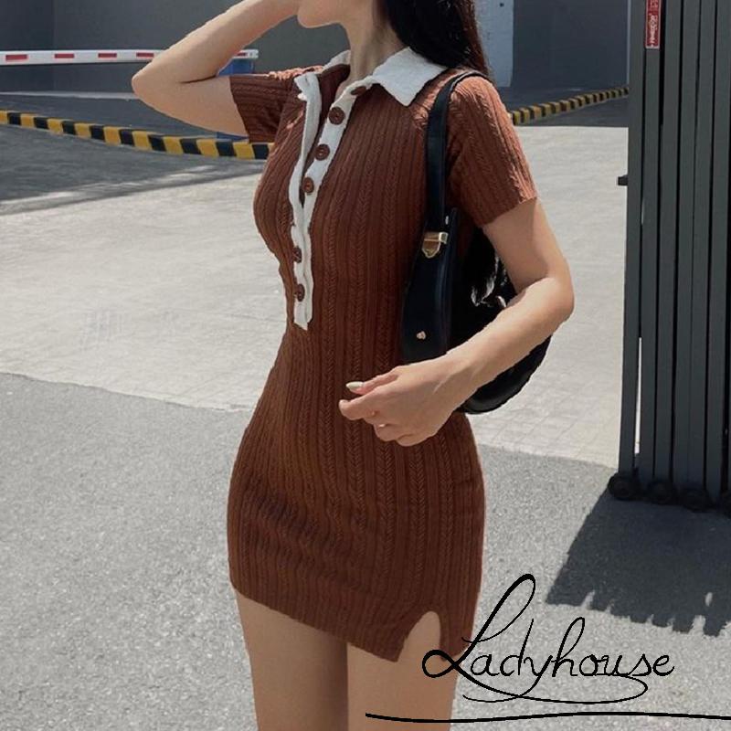 Đầm Dệt Kim Ngắn Tay Dáng Ôm Màu Sắc Tương Phản Xẻ Tà Thời Trang Cho Nữ