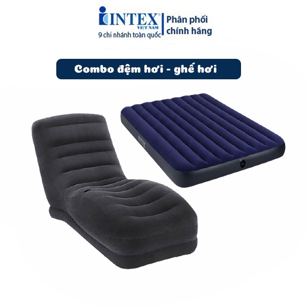 Bộ combo ghế hơi INTEX 68595 và đệm hơi INTEX tặng kèm bơm điện + gối hơi + bộ vá