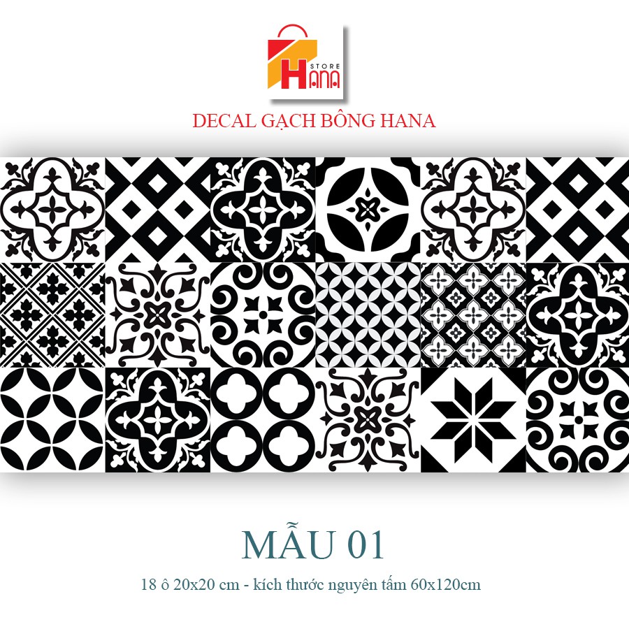 Decal Gạch Bông- set 32 ô  - KT 60x120cm - Decal dán tường decal dán bếp, các mẫu decal gạch bông đen trằng