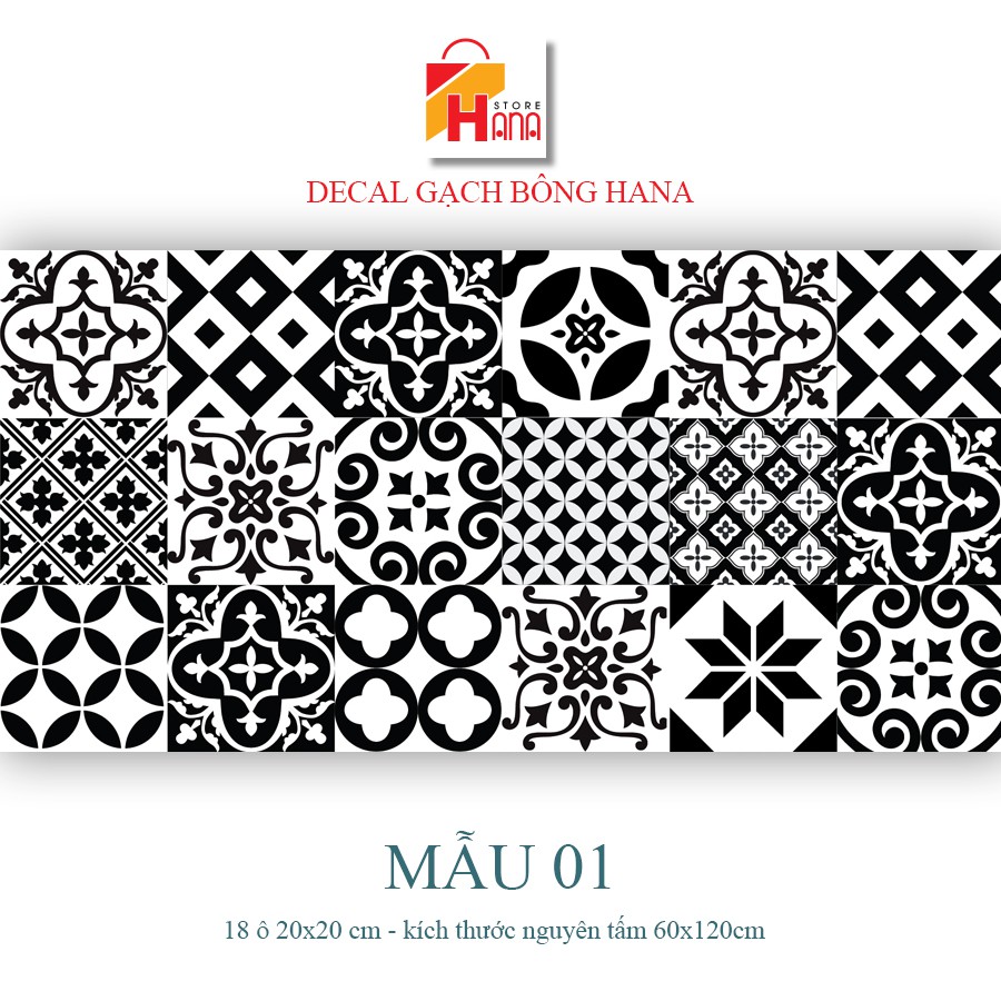 Decal Gạch Bông- set 32 ô (15x15) - KT 60x120cm - Decal dán tường decal dán bếp, các mẫu decal gạch bông đen trằng