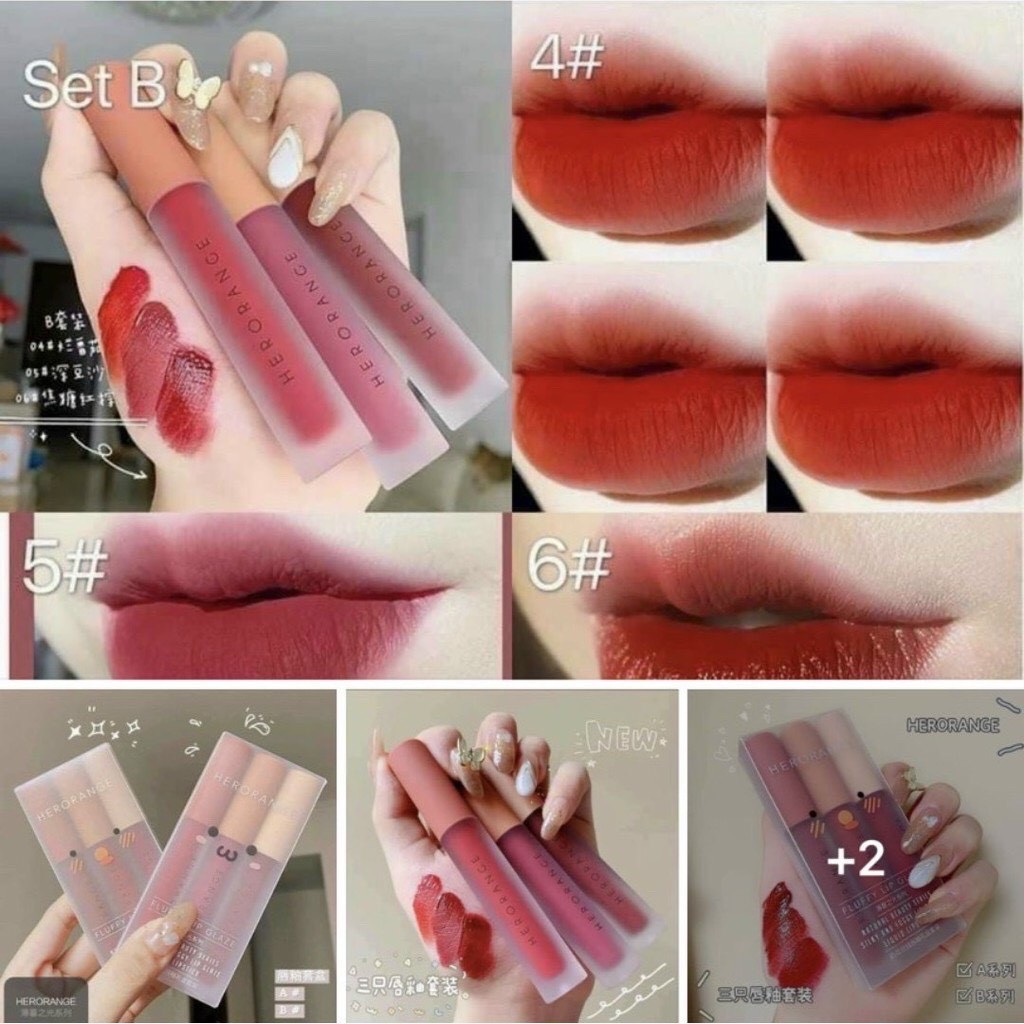 Set 3 cây Son môi HERORANGE mềm mịn tự nhiên dạng lỏng hiệu ứng mờ sương lâu trôi chống thấm nước sáng bóng