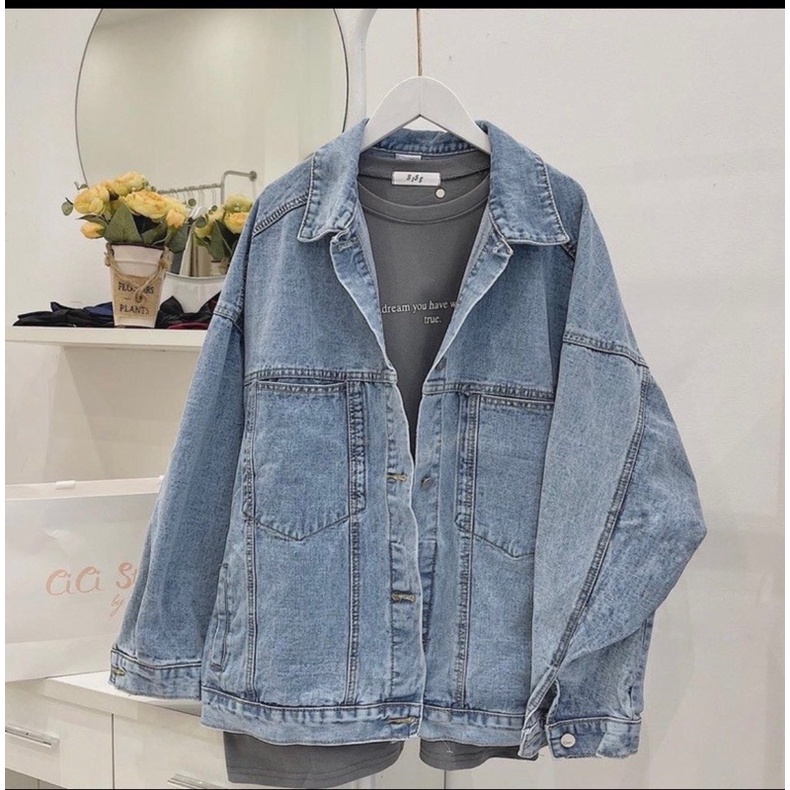 Áo khoác bò jean xanh nhạt túi trước hộp , chất demin from rộng xanh quảng châu-Minxy shop