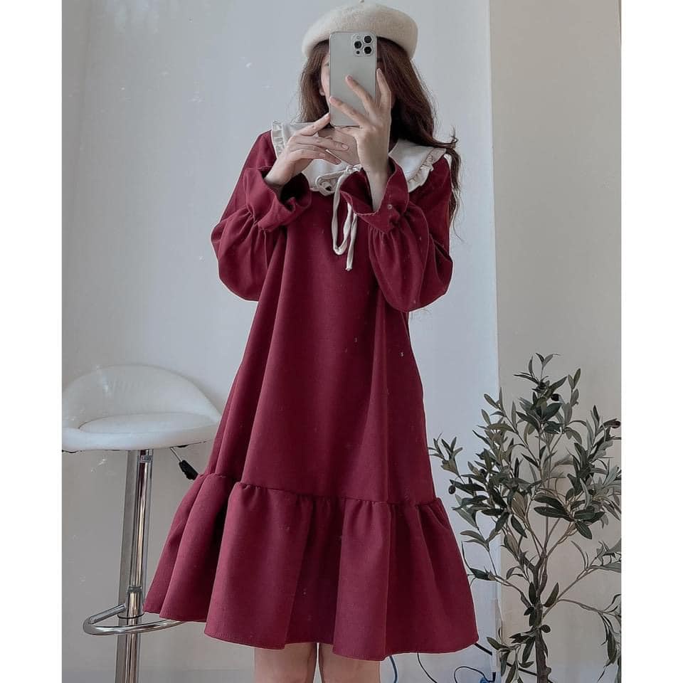 Váy nhung phối cổ dáng xuông mặc Tết cực xinh TTR50 Áo dài chơi Xuân