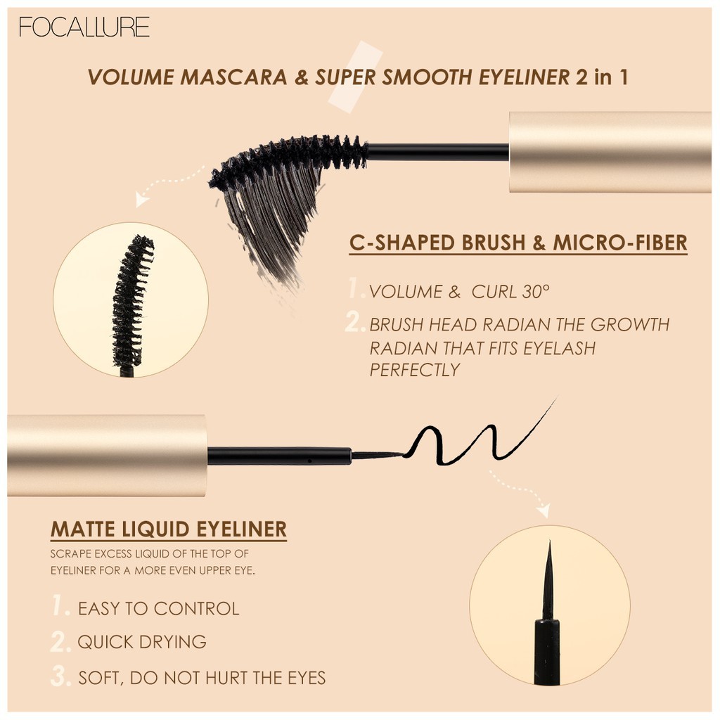 Mascara Kiêm Bút Kẻ Mắt / Kem Lót Lông Mi Dạng Sợi FOCALLURE 2 Trong 1 Chống Thấm Nước Lâu Trôi 28g