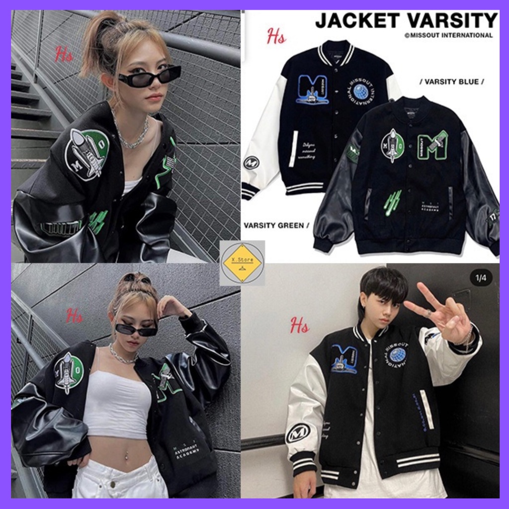 Áo khoác bomber Miss Out Varsity Jacket phối tay da, áo bomber bóng chày nam nữ unisex