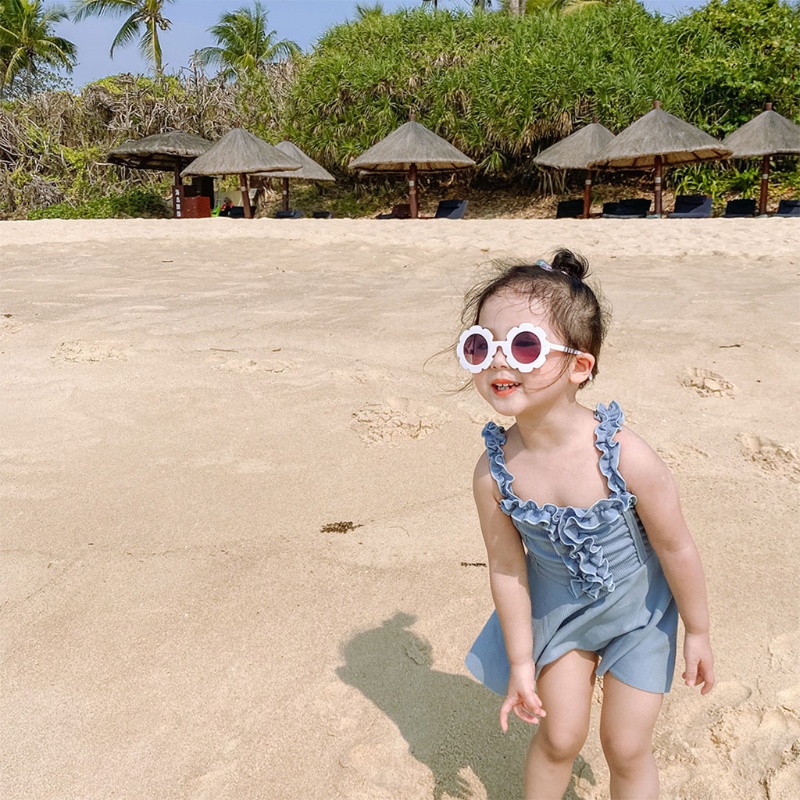 Bộ Đồ Bơi Một Mảnh Phối Bèo Nhún Màu Trơn Dễ Thương Thời Trang Mùa Hè Cho Bé Gái
