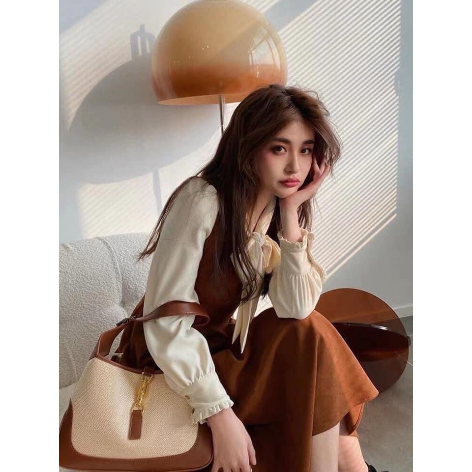 Váy Xòe Chất Da Nâu Phối Voan Tơ Cổ Nơ,  Đầm Xòe Tay Phồng Hàng Thiết Kế Form Dáng Chuẩn. | BigBuy360 - bigbuy360.vn