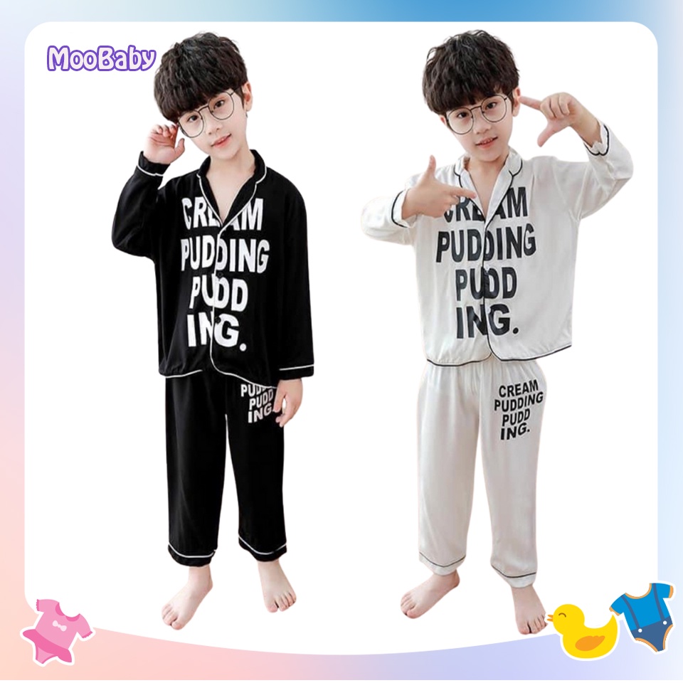 Bộ Pijama lụa dài tay in chữ cho bé từ 6-28Kg MooBaby Shop, Bộ đồ ngủ dài tay cho bé trai và bé gái mặc đều xinh