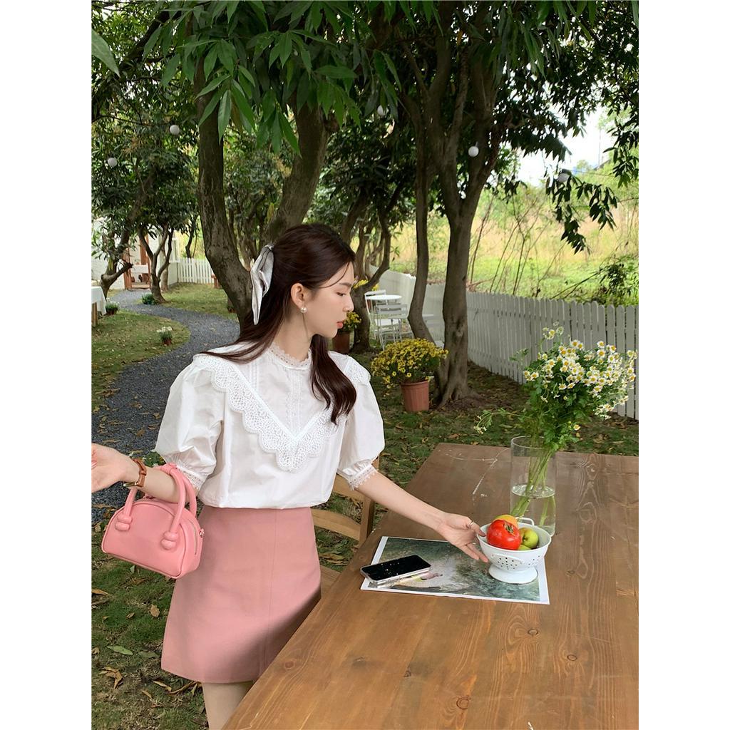 Áo Sơ Mi Trơn Cổ Đứng Ngắn Tay Phối Ren Cỡ Nhỏ Thời Trang Sành Điệu 62321