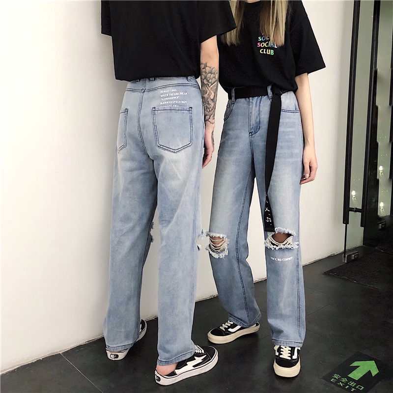 [Miễn Phí Vận Chuyển] Quần Denim Rách 237018Quần Jean Ống Đứng Phong Cách Hip hop Dễ Phối Đồ Cho Nam Nữ