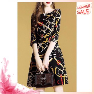 Đầm Xoè Thun In Hoạ Tiết - Váy Thun Công Sở Phối Hoạ Tiết Cao Cấp Cho Nàng Thanh Lịch Quyến Rũ