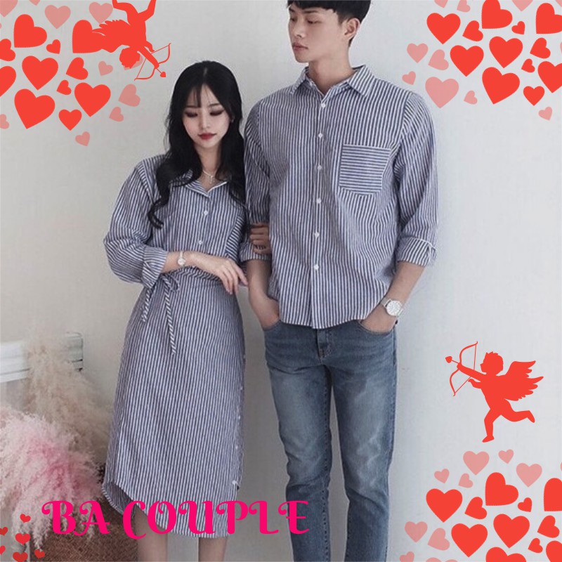 - Set đồ đôi - Đồ đôi đầm nữ caro dài thắt nơ eo dễ thương áo sơ mi nam-BA06