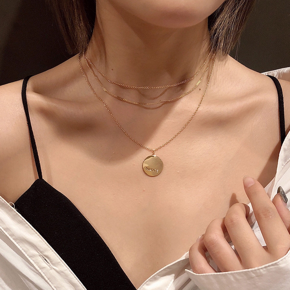 Vòng cổ kim loại 3 lớp mặt hình tròn phong cách Hàn Quốc thời trang