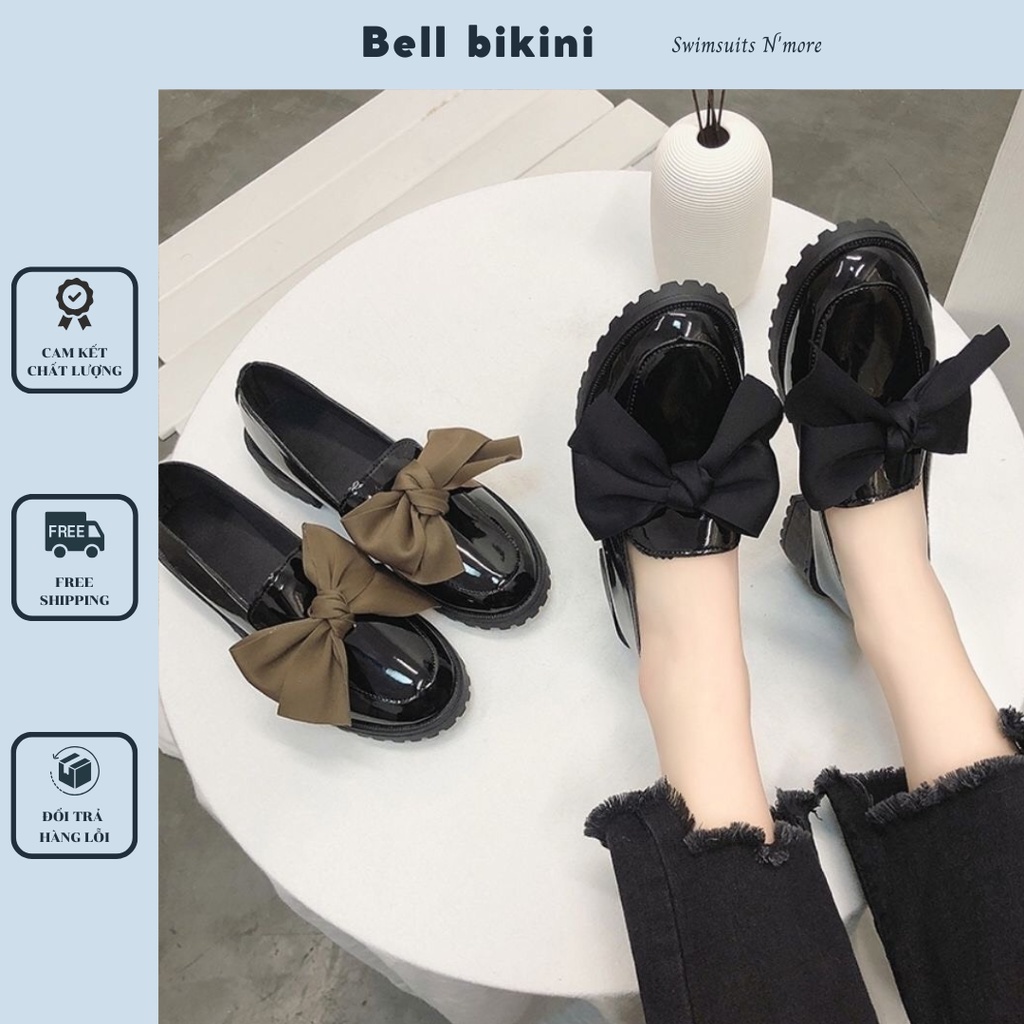 Giày Búp Bê Moca Buộc Nơ Thời Trang Ulzzang - Giày Lười Lolita Da Bóng Đế 5P Phong Cách Tiểu Thư - Bell Bikini - G012