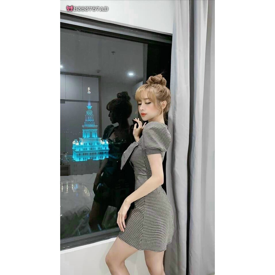 đầm ngắn kate sọc caro cổ vuông trễ phối nơ