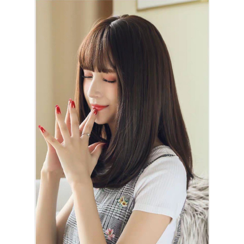 Tóc giả nữ nguyên đầu cup vai, tóc giả bộ cả đầu mái thưa thẳng