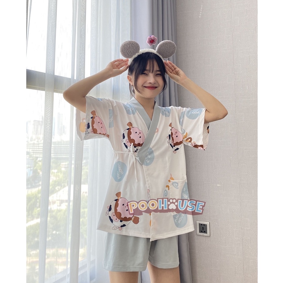 Đồ bộ nữ, bộ đồ ngủ kimono pijama cộc tay mặc nhà chất liệu cotton kiểu Nhật - Poohouse KIMONO-BABIFLY