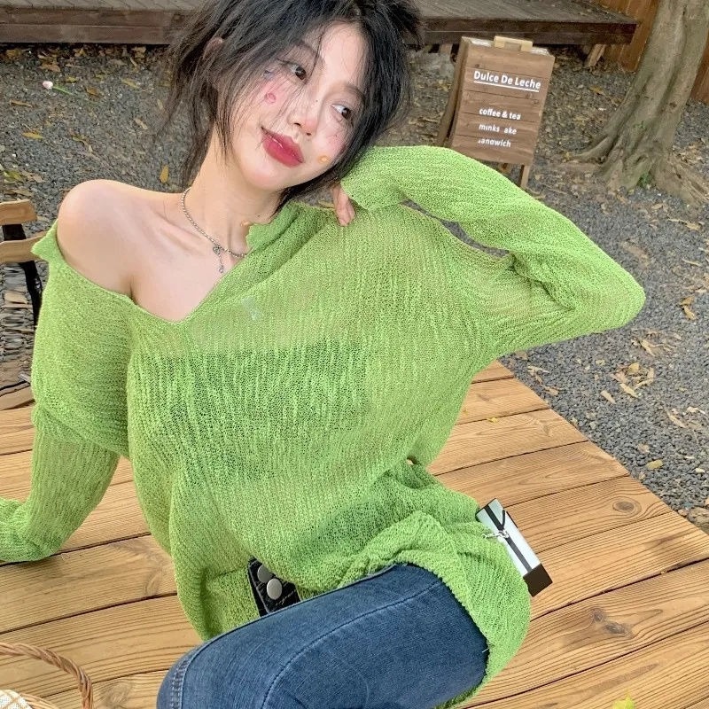 Áo Dệt Kim Tay Dài Cổ Chữ V Form Rộng Thời Trang Hàn Quốc