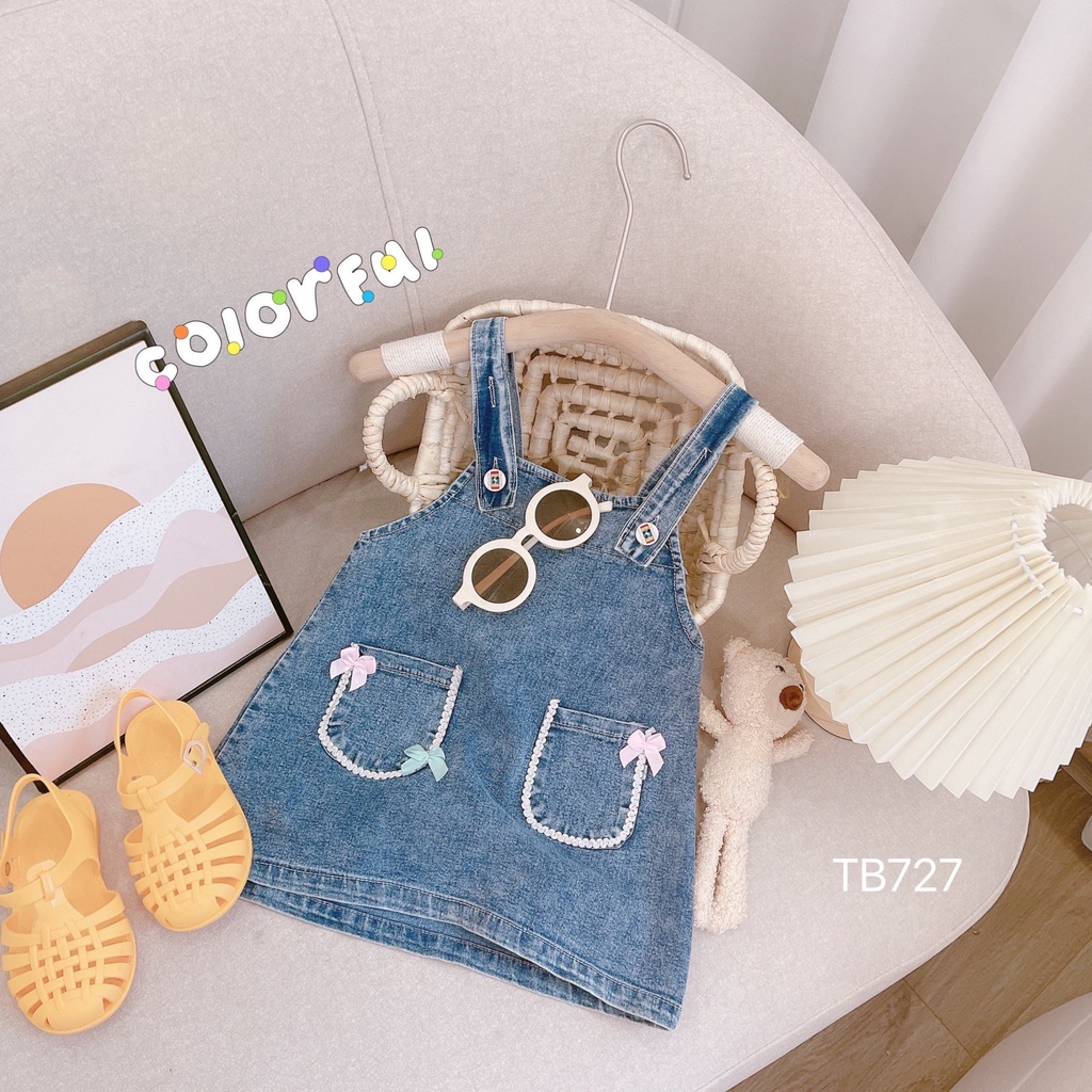 Váy yếm jeans cho bé gái phối túi nơ xinh xắn