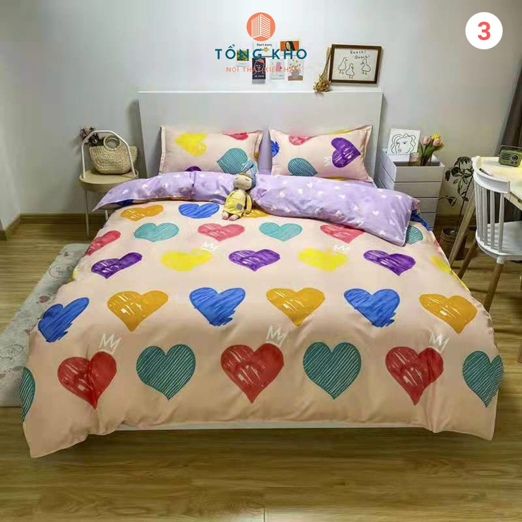 Set vỏ chăn ga gối cotton Poly họa tiết trái tim trang trí, decor phòng ngủ phong cách Hàn Quốc - Hàng nhập khẩu cao cấp